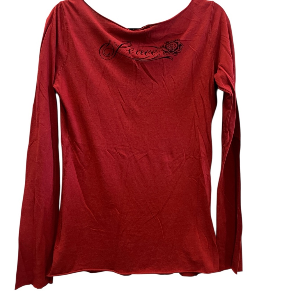 Y2K 100% Cotton Lucky Brand Red Long Sleeve Tee with PeaceSign & Roses Graphic - Picture 2 of 8